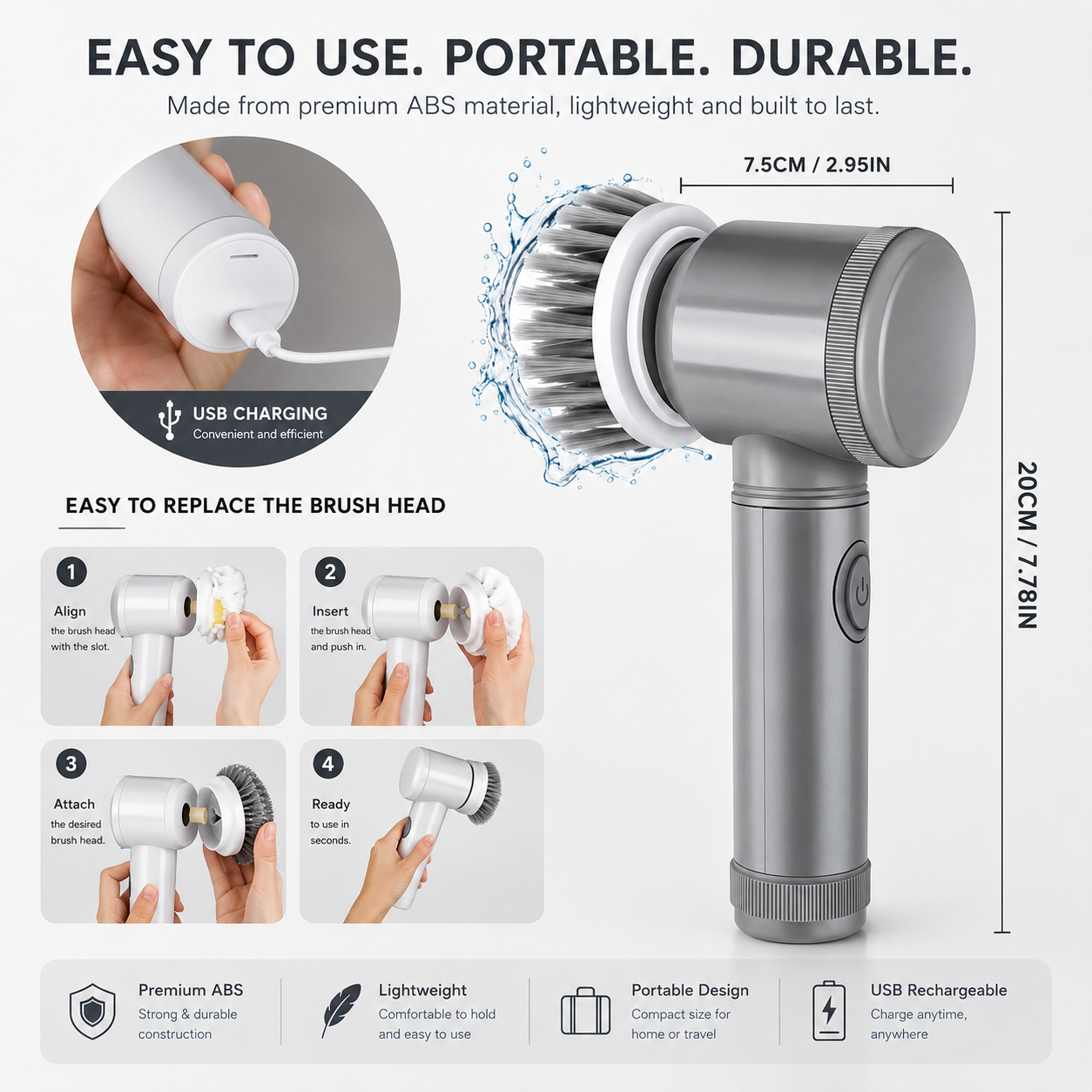 PureEase™ SpinScrub Pro™ | Cordless Electric Cleaning Brush for Kitchens, Bathrooms & Tiles