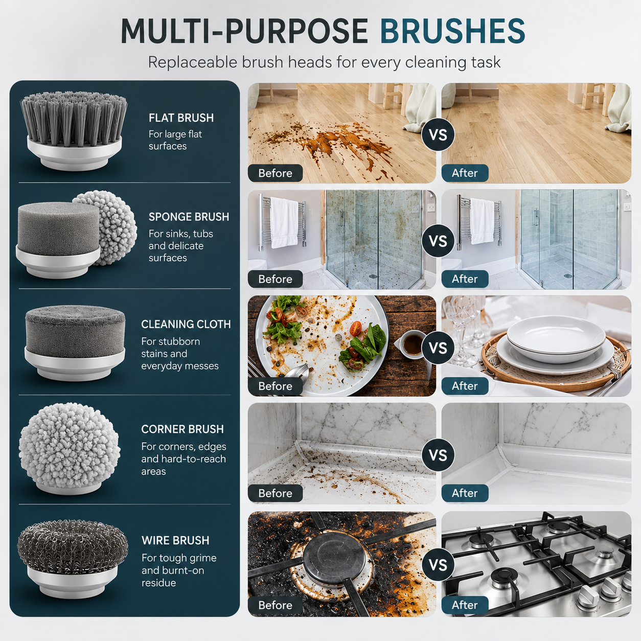 PureEase brush heads and before-and-after cleaning results